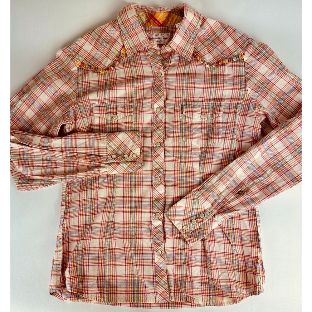 VTG Panhandle Slim Medium Ruffle Yoke Shimmer Pearl Snap Western Shirt Cowgirl